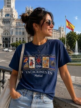Vintage Sajon Vacaciones En Madrid España Tee Blue Souvenir Shirt Size Large